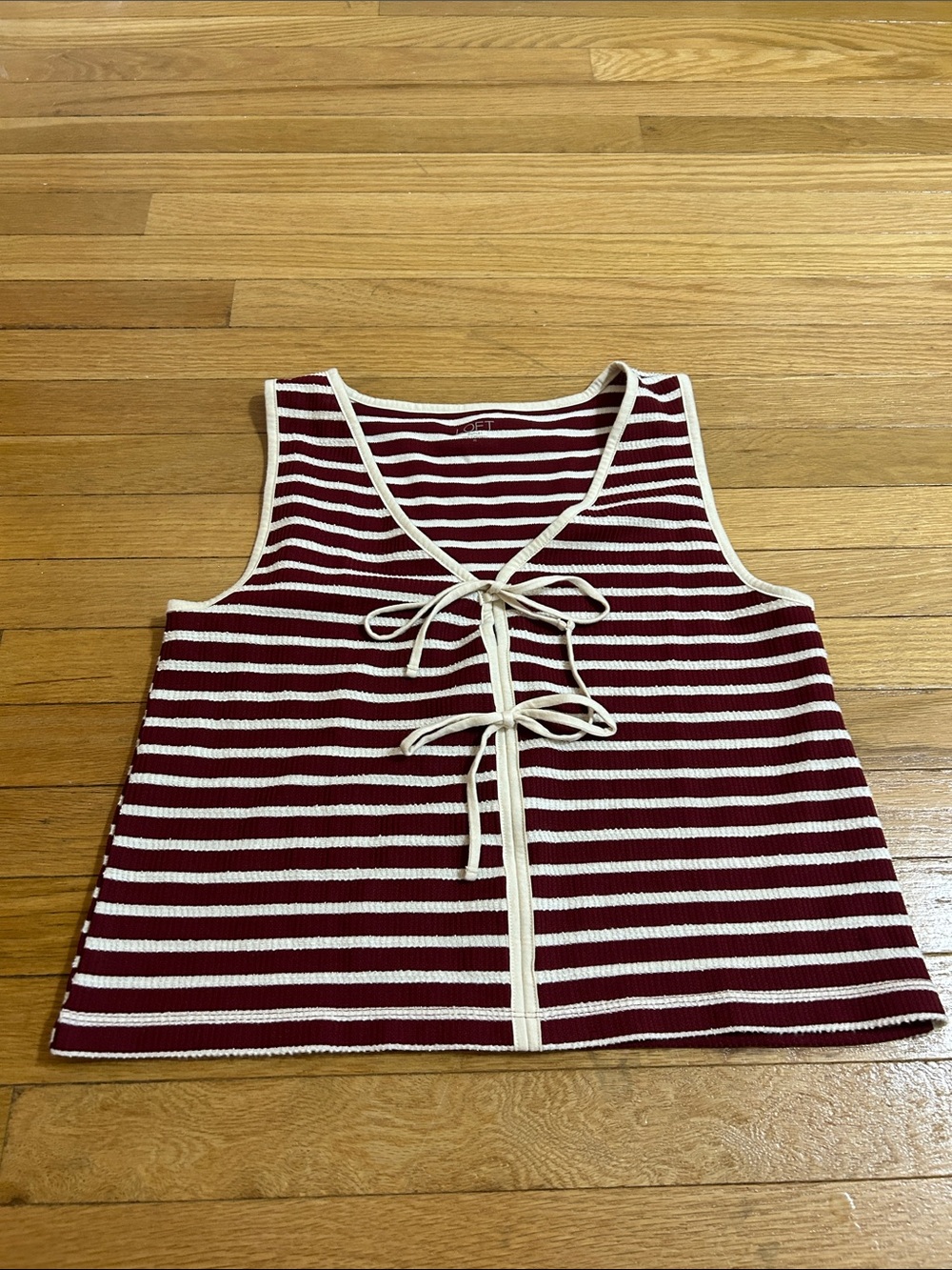LOFT Burgundy and Cream Striped Tie-Front Tank